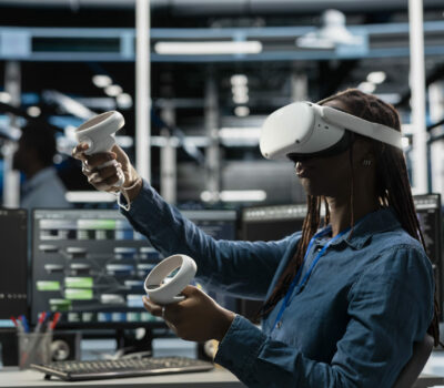 Server room technician using virtual reality and AI to reduce downtime Server room technician using virtual reality tech and artificial intelligence to reduce downtime. Admin using VR simulation headset to design and implement AI driven solutions for data center equipment