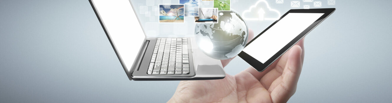 Technology tech devices connected to each other in hands Technology tech devices connected to each other in a hands