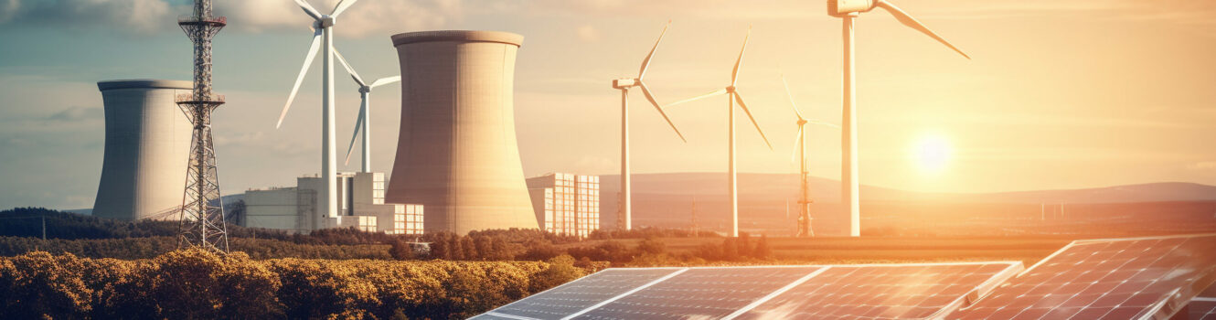 Sunset sky powers wind and solar energy generated by AI Sunset sky powers wind and solar energy generated by artificial intelligence