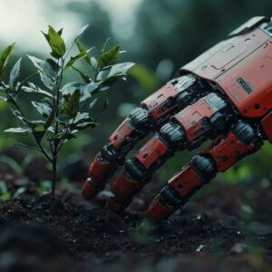 vue-d-un-robot-qui-s-occupe-des-jardins Red color. Aereal shot. Low-angle, ground-level shot of a humanoid robot planting new trees in a spacious garden. The robot's arms feature extendable digging tools and a mechanical arm for placing saplings. Realistic. 4K. Beautiful lighting --ar 2:1 --quality 2 --style raw --stylize 400 --v 6.1 Job ID: e25f4834-43bf-42b7-bc06-765e8fa543c0